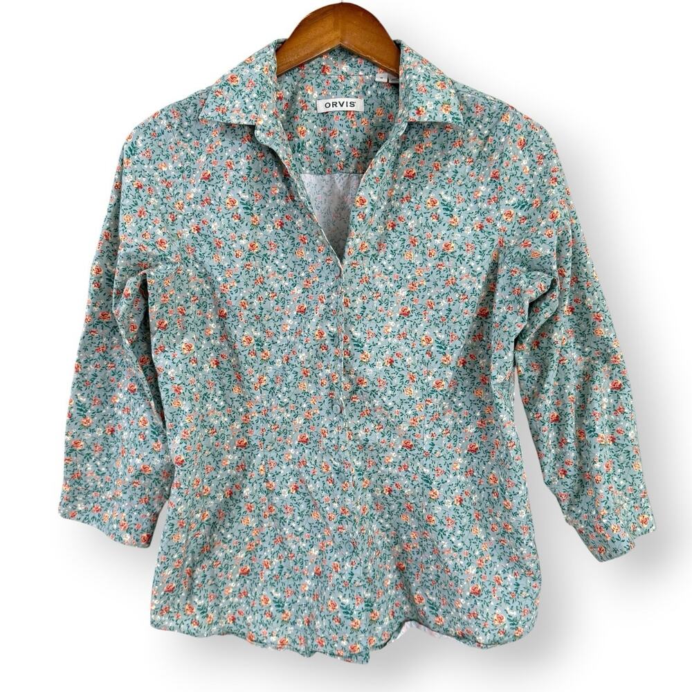 Orvis Women Sage Green Floral Wrinkle Resistant Button Up Shirt 3/4 Sleeve Sz 8